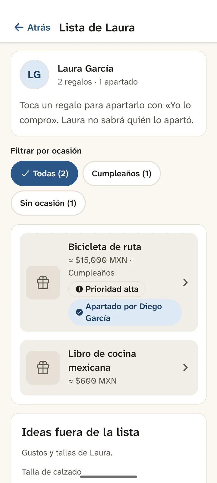 Lista de deseos de Laura: bicicleta de ruta apartada por Diego y libro de cocina mexicana
