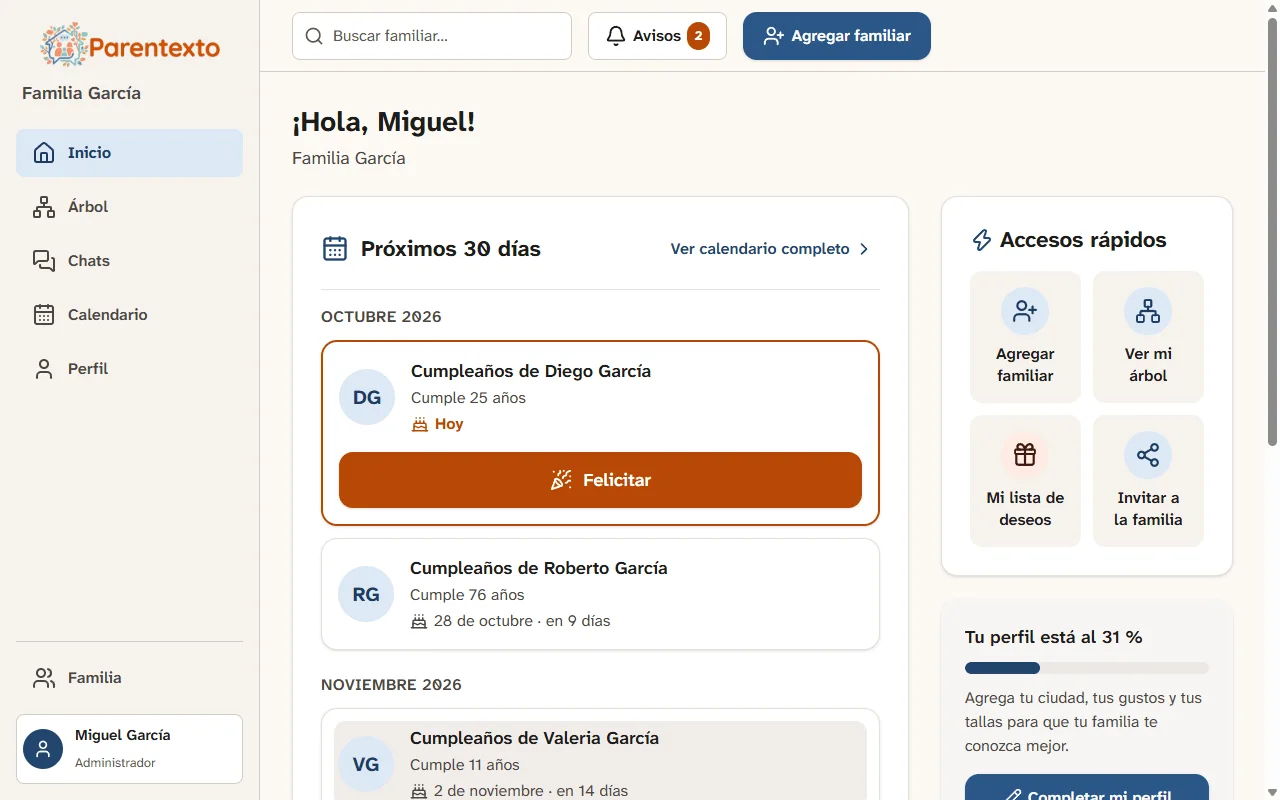 Parentexto en la computadora: inicio con los próximos cumpleaños, el botón Felicitar y accesos rápidos
